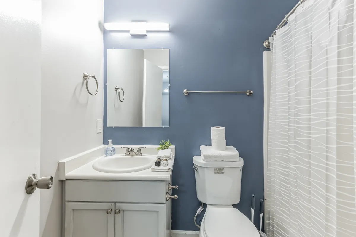 The private bathroom is shown with a well-lit vanity mirror, sink, toilet, and a clean shower curtain. The serene, tidy setting underscores the comfort and privacy of personal grooming and relaxation in your own bathroom.