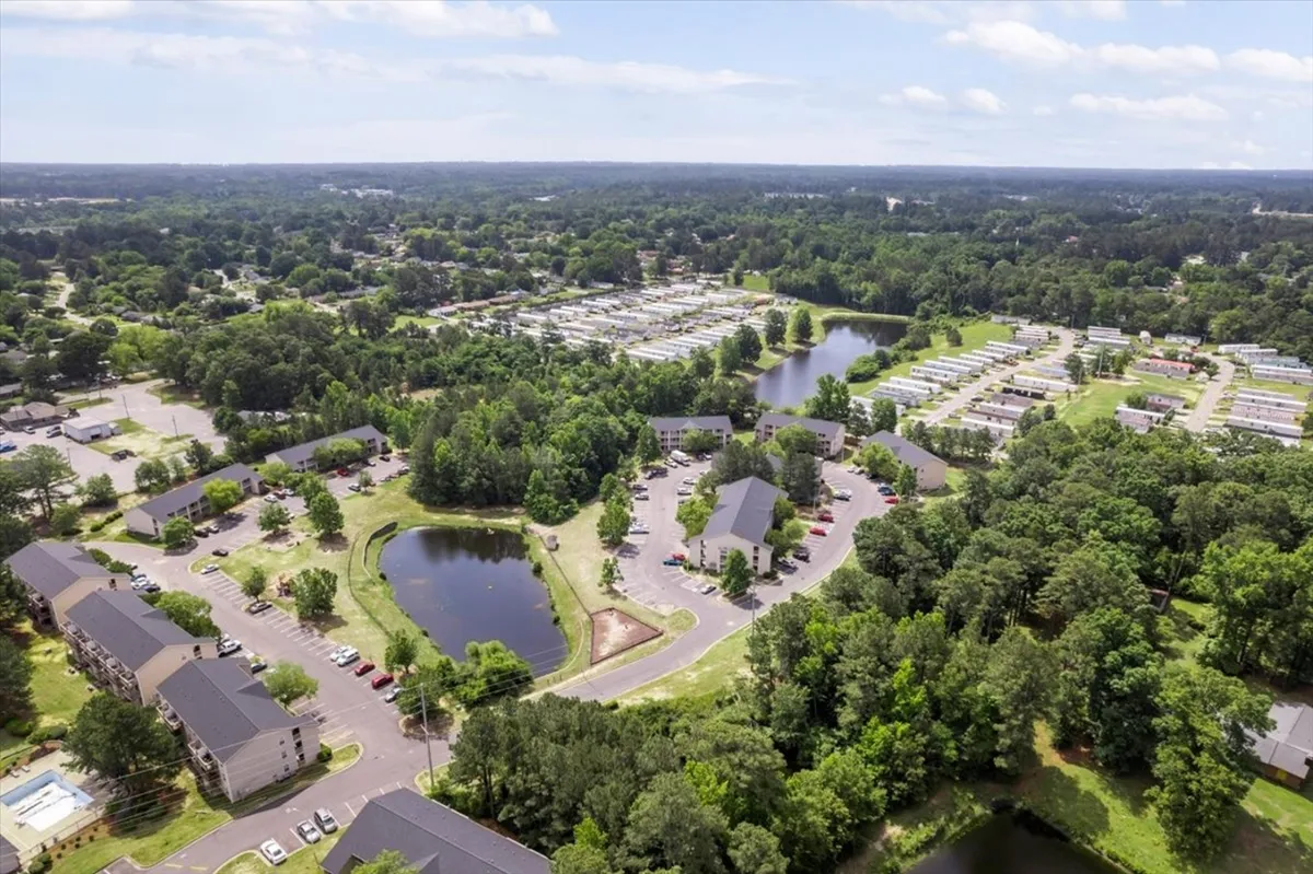 A wide view of a nearby lake surrounded by lush greenery, with buildings and roads visible in the distance. The setting is tranquil, featuring paths for walking and places for picnicking, evoking the experience of spending leisure time outdoors.